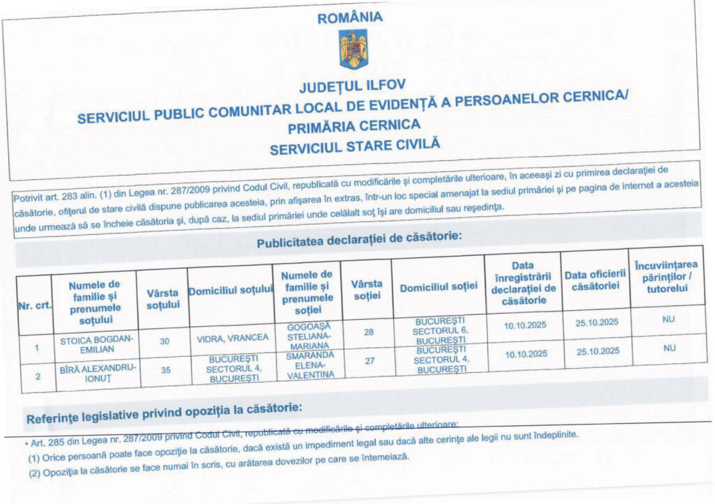 PUBLICAȚII CĂSĂTORIE STOICA BOGDAN-EMILIAN CU GOGOAȘĂ STELIANA-MARIANA ȘI BÎRĂ ALEXANDRU-IONUȚ CU SMARANDA ELENA-VALENTINA