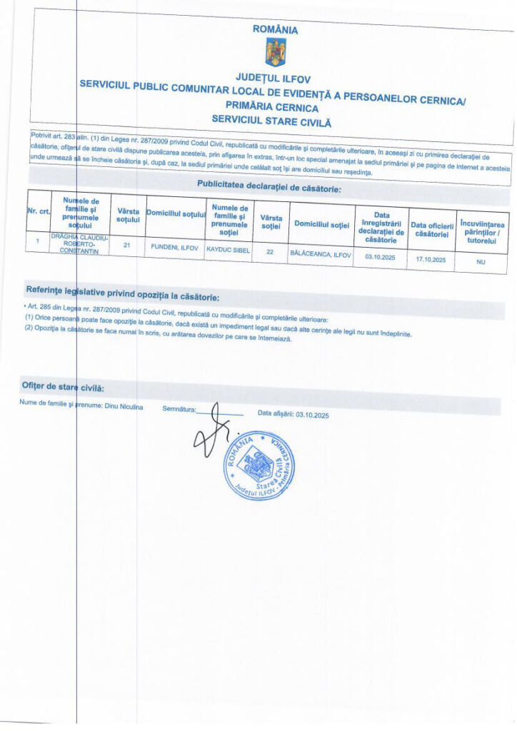 PUBLICAȚIE CĂSĂTORIE DRĂGHIA CLAUDIU-ROBERTO-CONSTANTIN CU KAYDUC SIBEL