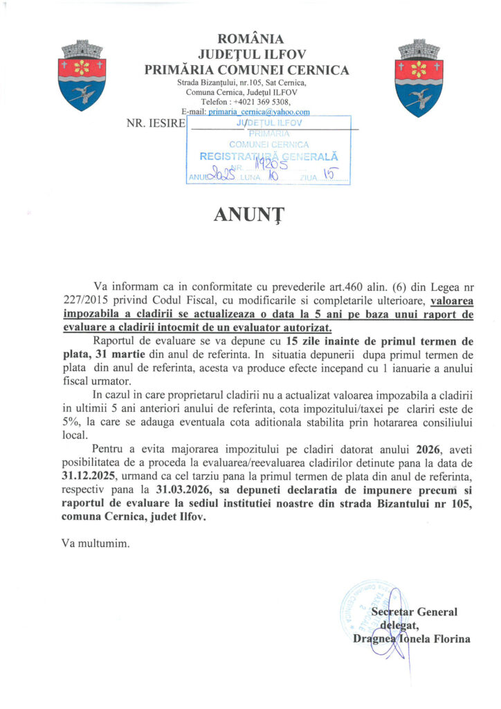 Anunt actualizare valoare impozabila cladiri